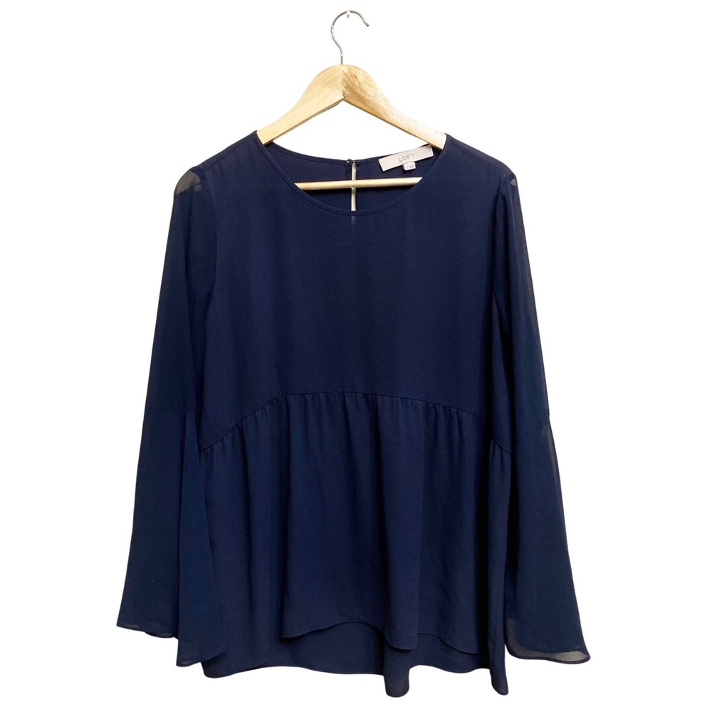 LOFT Womens Navy Blue Chiffon Babydoll Blouse Bell Sleeve Peplum Top Size M